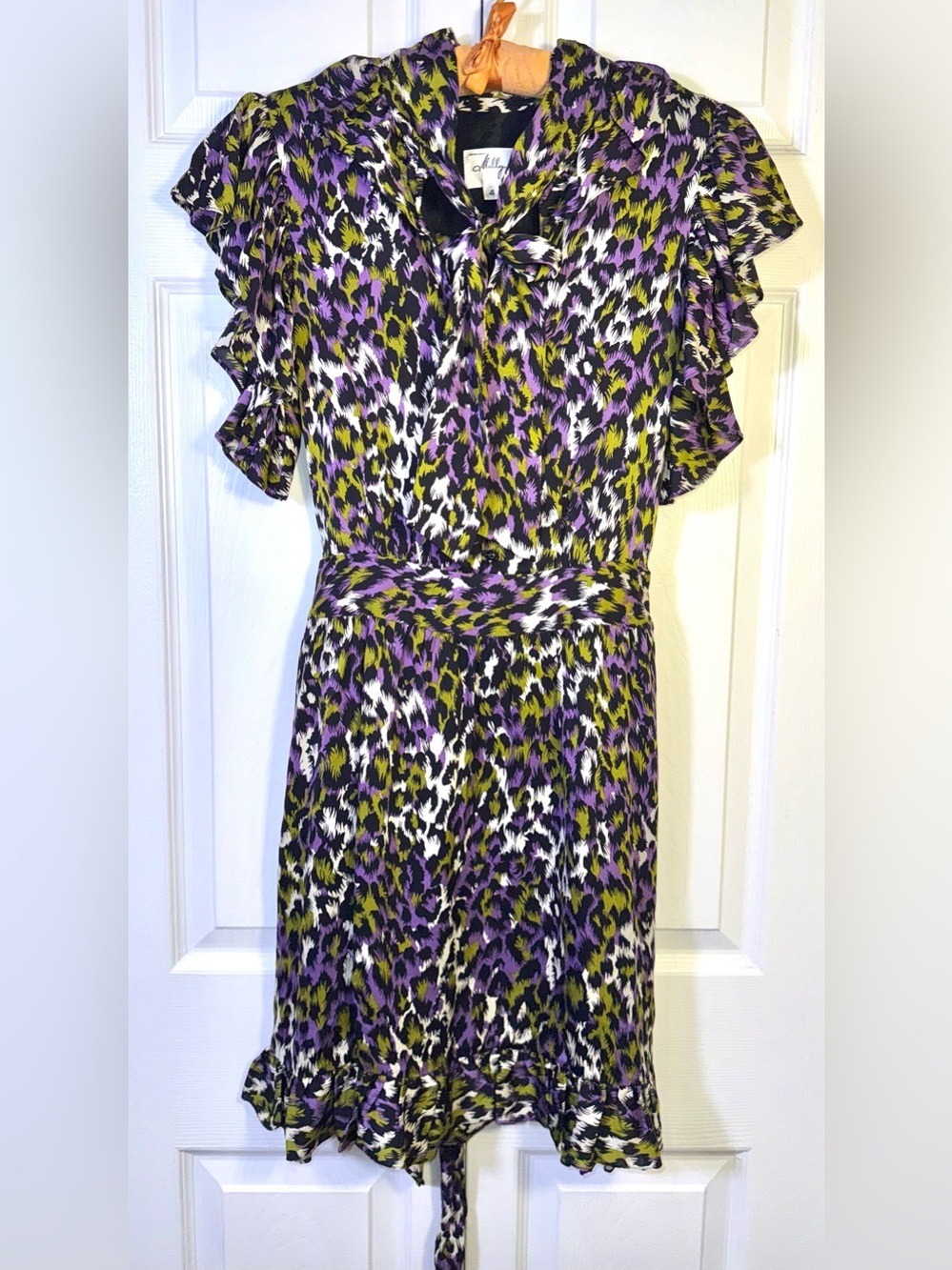 Milly Silk Leopard Print Ruffle Tie Neck Dress Size 4
